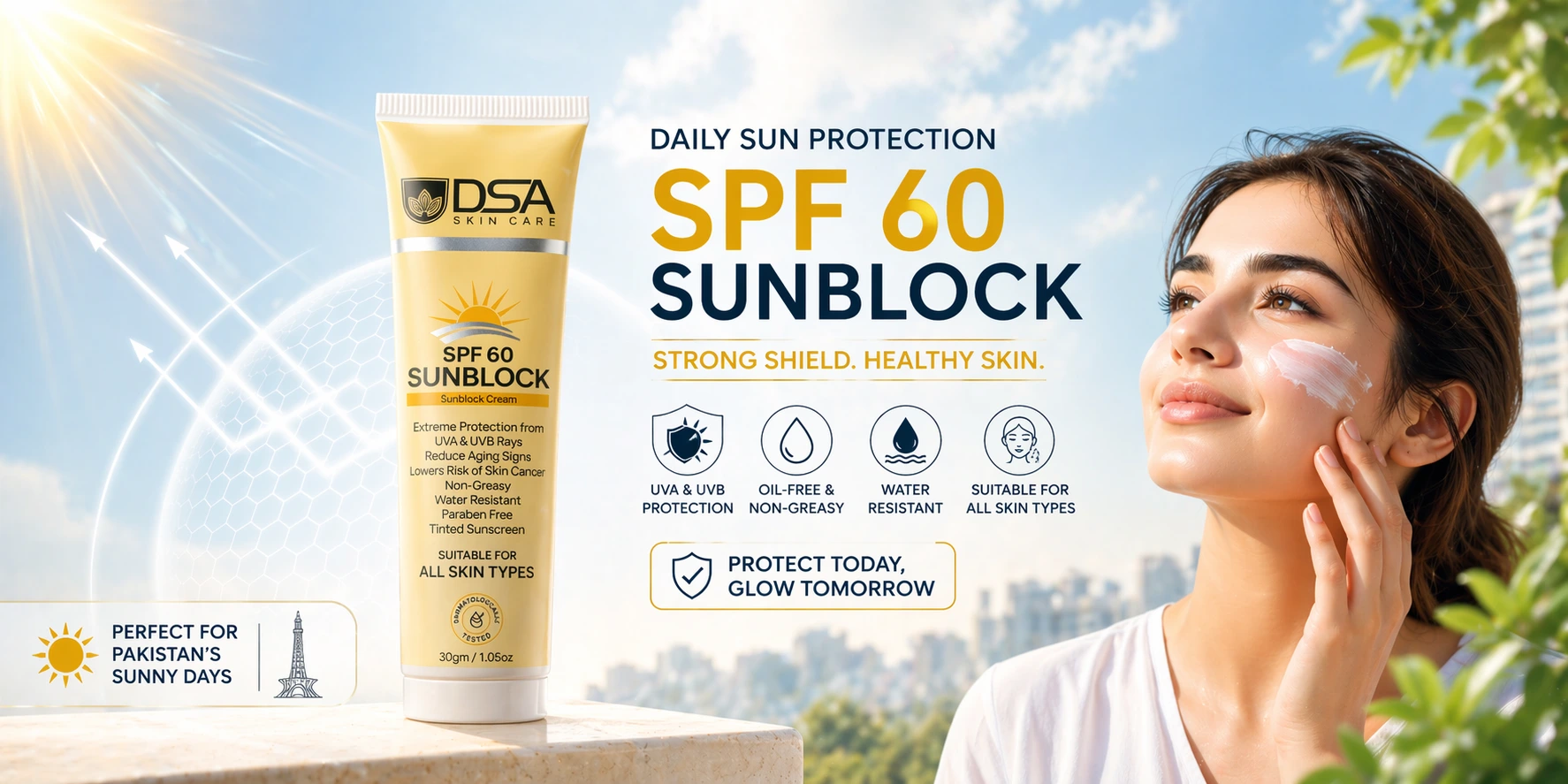 DSA Sunblock SPF 60 in Pakistan | Oil-Free UV Protection for All Skin Types